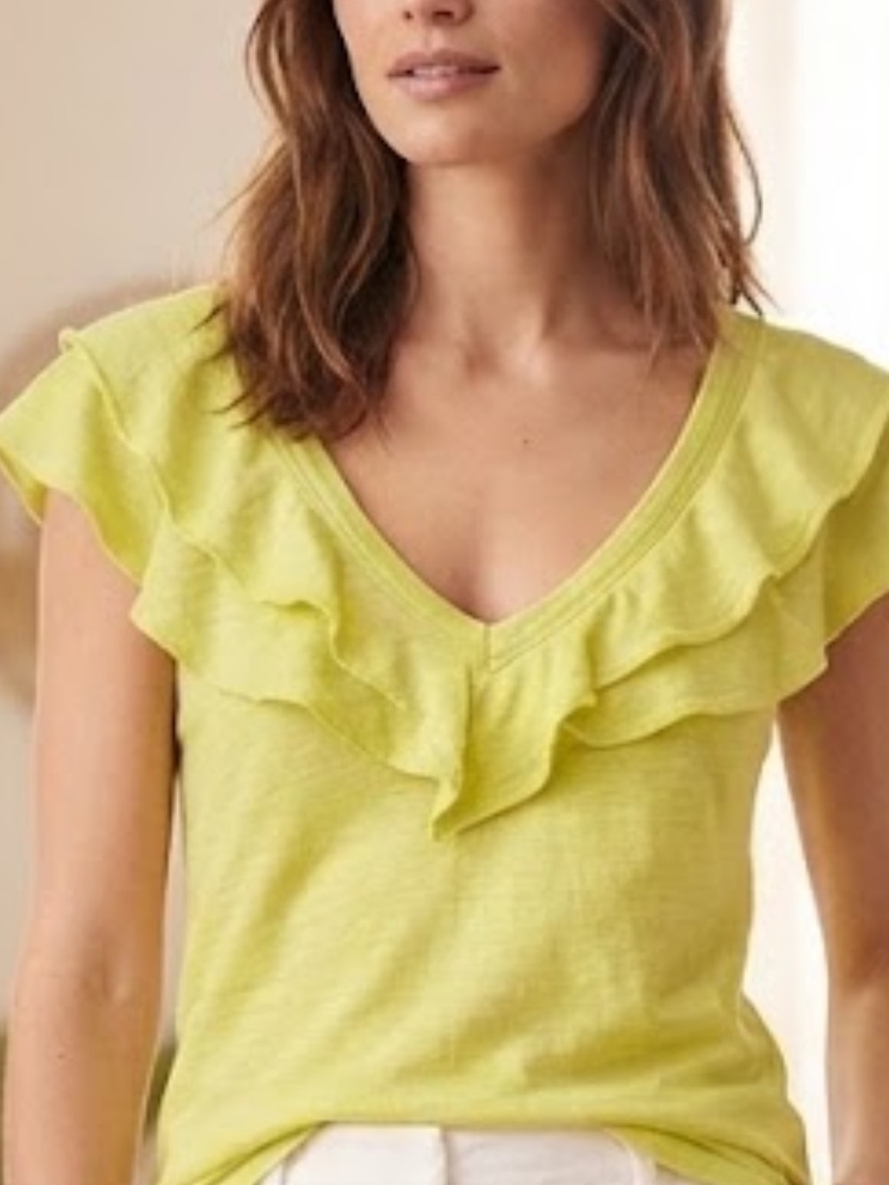 White House Black Market Lime Ruffle V-Neck Tee